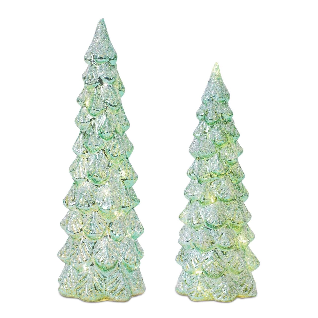 Melrose Set of 2 LED Lighted Green Glittered Glass Christmas Tree Tabletop Decorations 12"